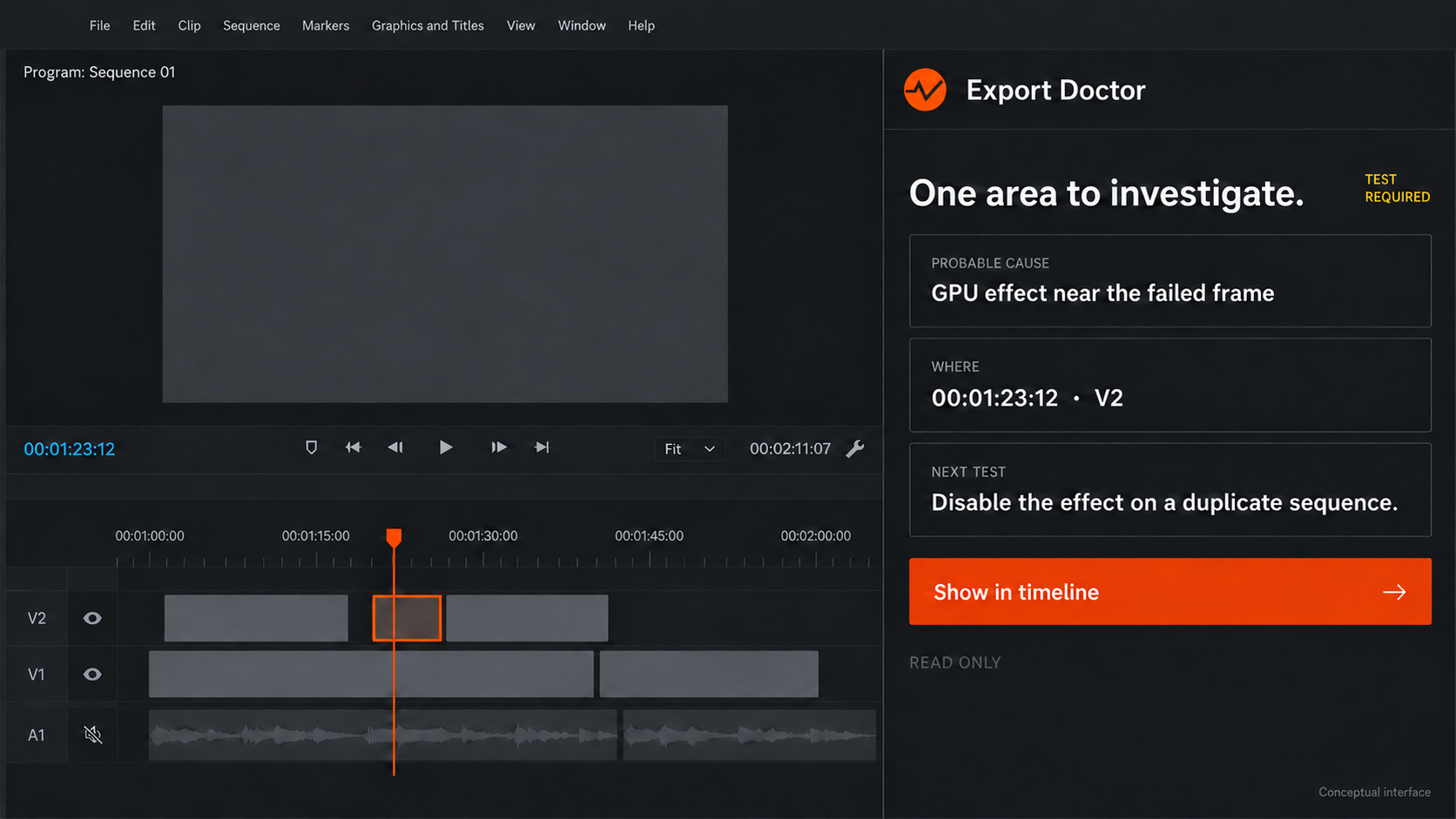 Conceptual Premiere workspace with Export Doctor